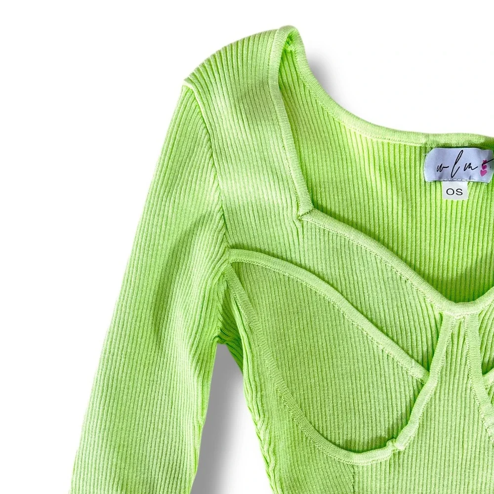 Chic & Honey Lime Green Ribbed Long‎ Sleeve Square Neck Bodysuit OS